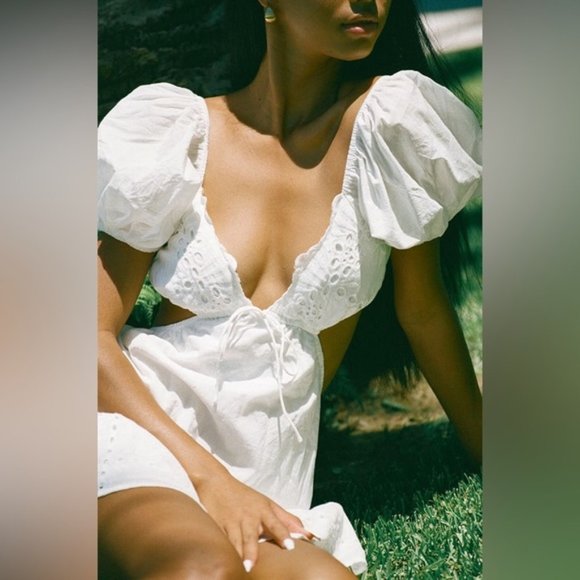 Sabo Skirt Ray Mini Dress Puff Sleeves Cut out Eyelet White Size Large - Picture 7 of 16